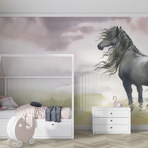 Carta da parati cavallo con paesaggio fotografico carta da parati camera dei bambini fregio cavallo ragazza acquerello cavaliere matita colorata acquerello carta da parati a motivi per cameretta #1034
