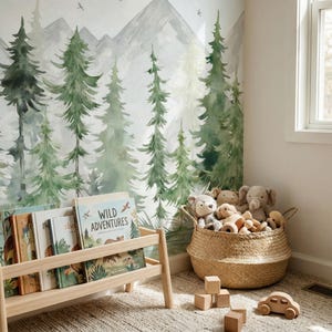Wallpaper Fir Forest Watercolor - Photo wallpaper, children's room, forest, fir trees, mountains, nature, watercolor, colored pencil, baby room, motif wallpaper