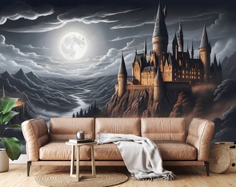 Wallpaper Castle Night Moon Witches Stars Mystical Pattern Photo Wallpaper Wall Mural Modern