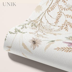 May include: A white background with a watercolor floral pattern. The pattern features delicate brown and green branches with small white flowers and brown leaves.