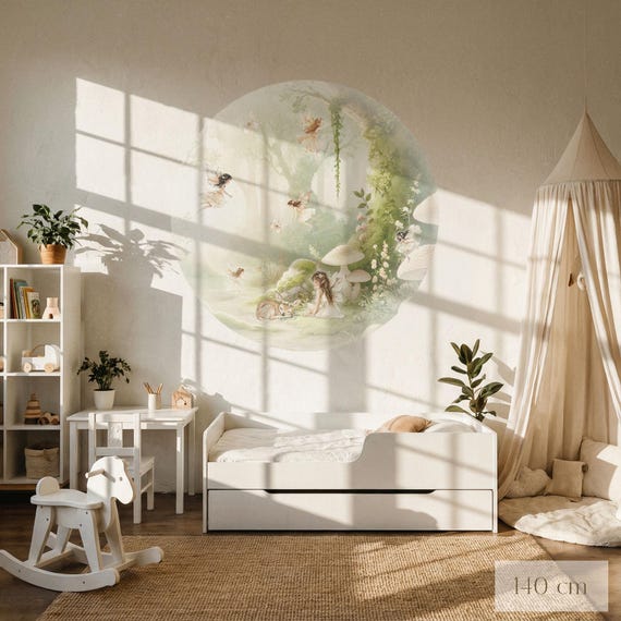 Wandtattoo Rund - Wandaufkleber Kreis - Feenwald Aquarell - Kinderzimmer Wanddeko, Canvasoberfläche und wiederablösbar