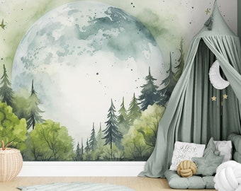 Tapete Tannen Wald Mond Aquarell Landschaft Pastell Fototapete Kinderzimmer Natur Buntstift Babyzimmer Motivtapete