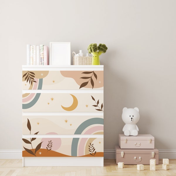 IKEA Malm Dresser Cupboard Premium Sticker Furniture Film Shapes Moon Vintage Boho Children's Room Pattern Decoration Children's Room Film Removable