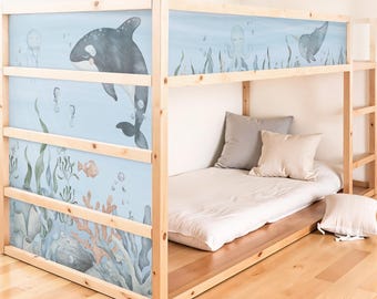 Stickers for IKEA Kura bed with underwater/seabed design - whales, fish and starfish in watercolor look - removable and matte