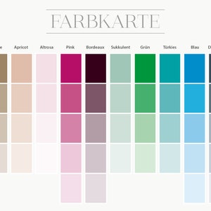 May include: A colour chart with 12 colour swatches, each with 5 shades of colour. The colours are: grey, beige, apricot, pink, burgundy, green, turquoise, blue, dark blue, and yellow. The chart is labelled "FARBKARTE" at the top.