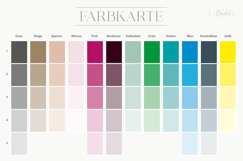 May include: A colour chart with 12 colour swatches, each with 5 shades of colour. The colours are: grey, beige, apricot, pink, burgundy, green, turquoise, blue, dark blue, and yellow. The chart is labelled "FARBKARTE" at the top.
