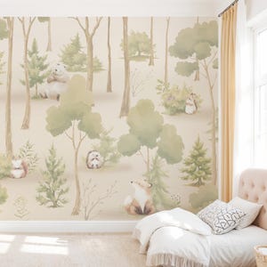Carta da parati Amici della foresta - Carta da parati fotografica per la cameretta dei bambini Alberi della foresta Beige Natura Acquerello Matita colorata Carta da parati a motivi per cameretta dei bambini personalizzabile individualmente #1171