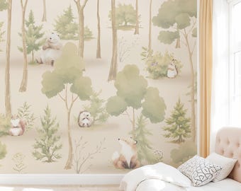 Kinderzimmer Vliestapete mit beigen Waldmotiv und Waldtieren im Aquarell-Stil - Angepasst auf deine Wand und auf Maß in Bahnen geschnitten -