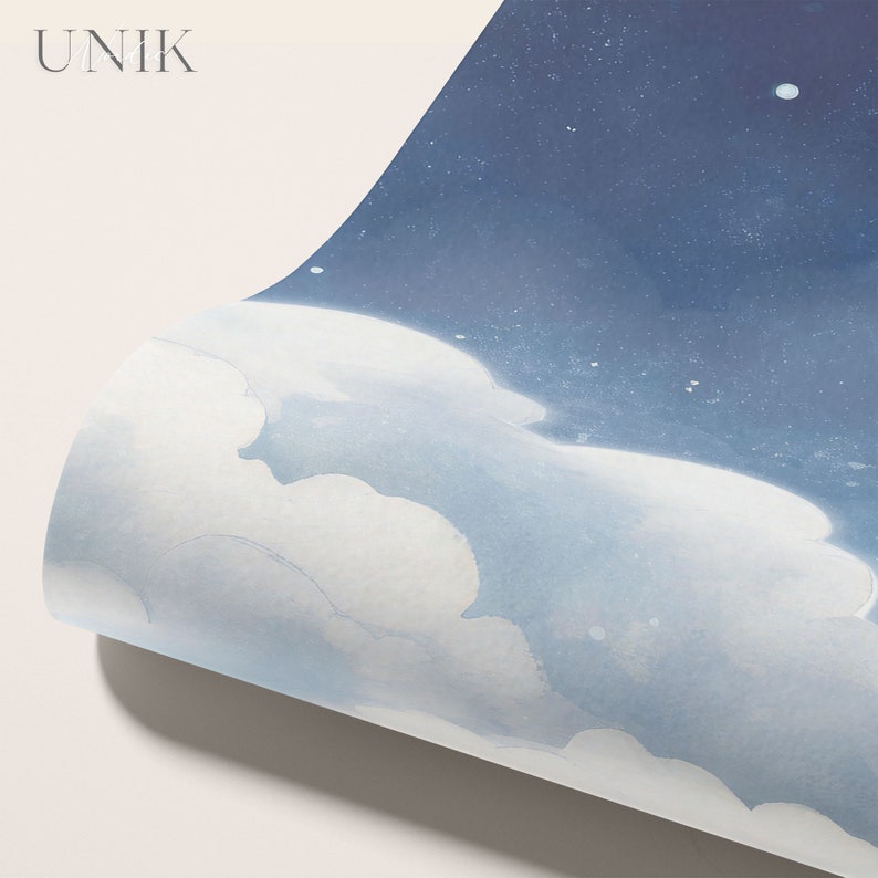 May include: A close-up of a blue and white watercolor painting of a night sky with clouds. The painting is rolled up and the edge of the paper is visible.