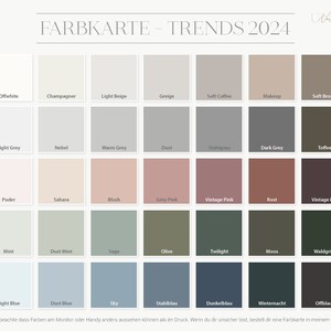 May include: Colour chart with 36 paint colour swatches, labelled with German names. The chart is titled "FARBKARTE - TRENDS 2024".