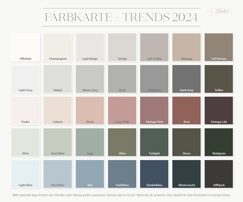 May include: Colour chart with 36 paint colour swatches, labelled with German names. The chart is titled "FARBKARTE - TRENDS 2024".