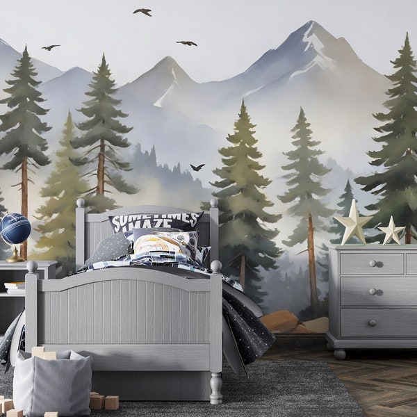 Tapete Tannenwald Aquarell Fototapete Kinderzimmer Wald Tanne Berge Natur Aquarell Buntstift Babyzimmer Motivtapete