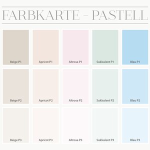 May include: A colour chart with 21 pastel paint swatches. The swatches are arranged in three rows of seven. The colours include grey, beige, apricot, pink, green, blue, and dark blue. The chart is labelled "FARBKARTE - PASTELL".