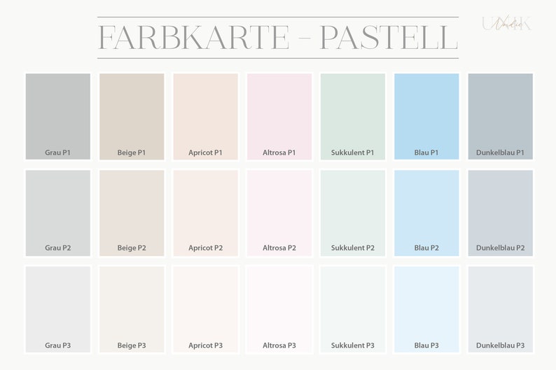 May include: A colour chart with 21 pastel paint swatches. The swatches are arranged in three rows of seven. The colours include grey, beige, apricot, pink, green, blue, and dark blue. The chart is labelled "FARBKARTE - PASTELL".