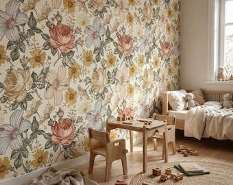 Nursery Wallpaper Floral Pastel Vintage Pattern Photo Wallpaper Children's Room Nature Baby Room Motif Wallpaper #1052