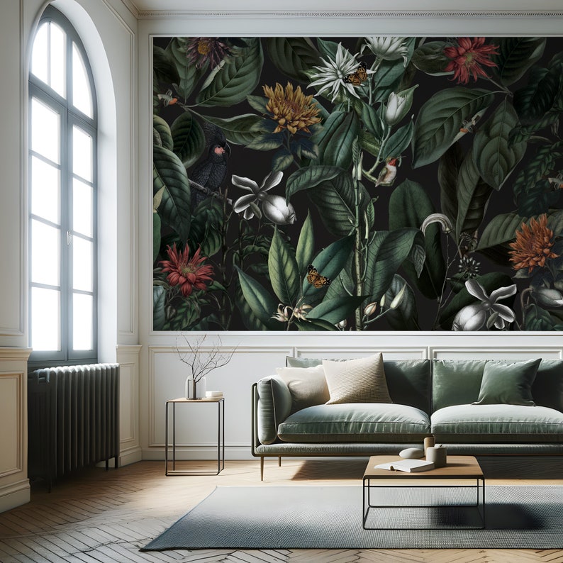 Tapete Botanical Jungle Tropisch Fototapete Blätter Blumen Vögel Muster dunkel Wandtapete Vintage Floral Dschungel Mural Art Deco 1140 Bild 3