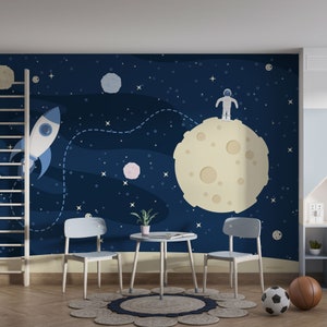 Spazio per la carta da parati: carta da parati fotografica, camera dei bambini, cameretta, luna, razzo, astronave, spazio, stelle, pile liscio, astronauta #1002