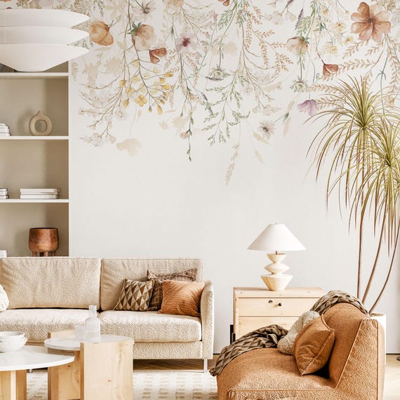 Vliestapete mit Trockenblumen Print im Vintage-Boho Style - Angepasst auf deine Wand und auf Maß in Bahnen geschnitten -
