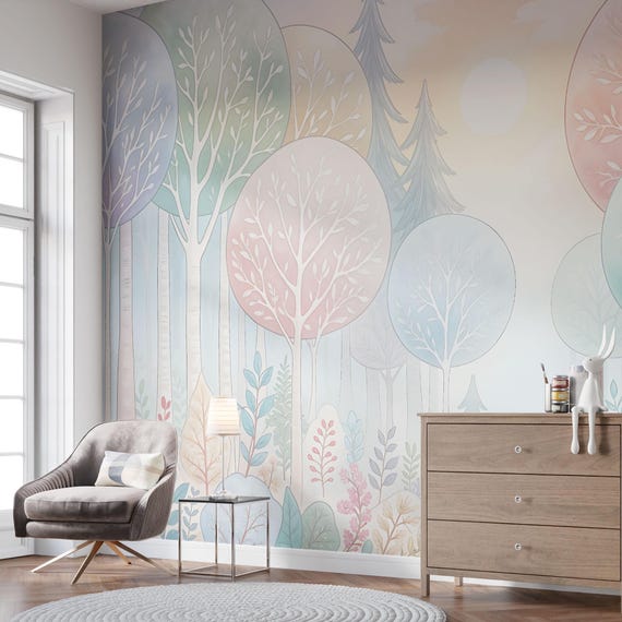 Fresque Murale Forêt Aquarelle - Tapiste Vlies Pour Chambre D'enfant, Inclut Colle