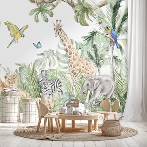 Carta da parati animali della giungla carta da parati fotografica cameretta dei bambini safari foresta giungla giraffa leone acquerello matita colorata carta da parati a motivi cameretta 1023