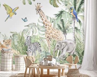 Tapete Dschungeltiere Fototapete Kinderzimmer Safari Wald Dschungel Giraffe Löwe Aquarell Buntstift Babyzimmer Motivtapete 1023