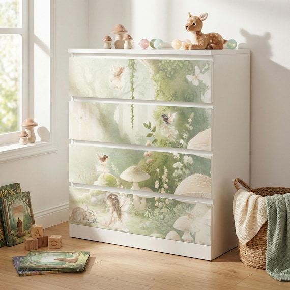 IKEA Malm Kommode Schrank Premium Aufkleber Möbelfolie Wald Feen Märchen Deko Kinderzimmer Folie wiederablösbar