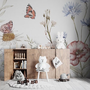 Papier peint papillon jardin fleurs prairie abeille pastel papier peint photo chambre d'enfant fleurs nature chambre de bébé motif papier peint 1138 image 1