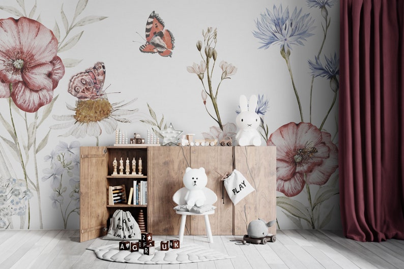 Papier peint papillon jardin fleurs prairie abeille pastel papier peint photo chambre d'enfant fleurs nature chambre de bébé motif papier peint 1138 image 1