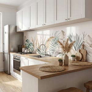 Paraschizzi da cucina Boho Grass | Motivo floreale a foglie chiare | Pellicola autoadesiva | Paraschizzi da cucina | Specchio da cucina