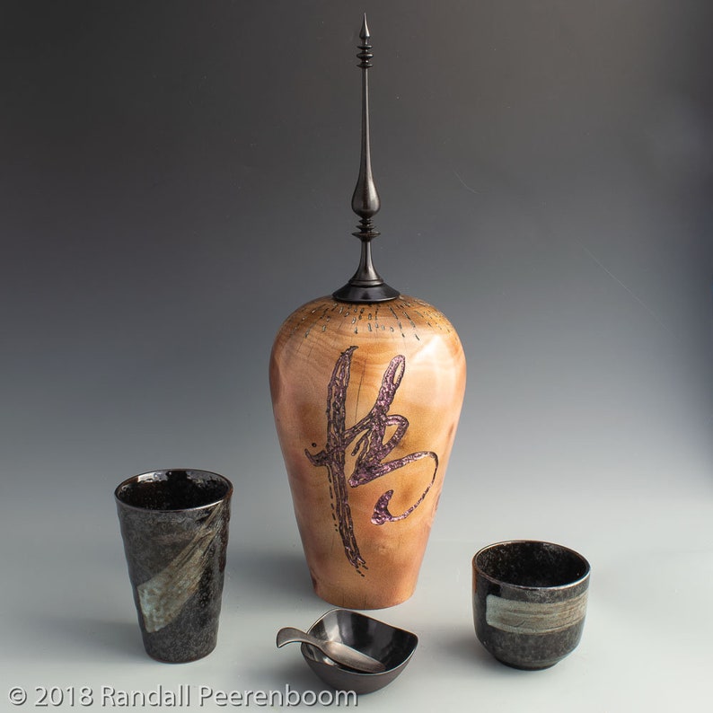 Woodturned Hollow Form Ebony Finial, Hollow Vessel and Finial, Woodcarving, Inlaid Calligraphy, Handmade Fine Wood Art, Zen Home Decor image 9