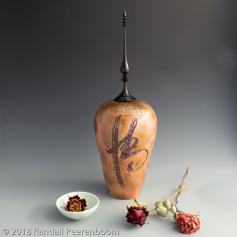 Woodturned Hollow Form Ebony Finial, Hollow Vessel and Finial, Woodcarving, Inlaid Calligraphy, Handmade Fine Wood Art, Zen Home Decor image 4