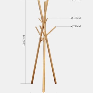 May include: A tall, light-brown wooden coat rack with a tree-like design. The rack is 1750mm tall, 450mm wide at the base, and features multiple branches for hanging items. The main pole is 33mm in diameter, with smaller branches of 16mm and 22mm.