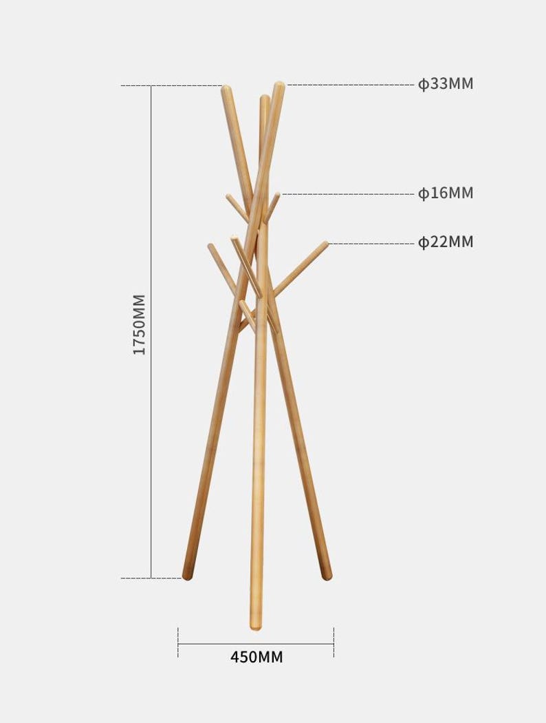 May include: A tall, light-brown wooden coat rack with a tree-like design. The rack is 1750mm tall, 450mm wide at the base, and features multiple branches for hanging items. The main pole is 33mm in diameter, with smaller branches of 16mm and 22mm.