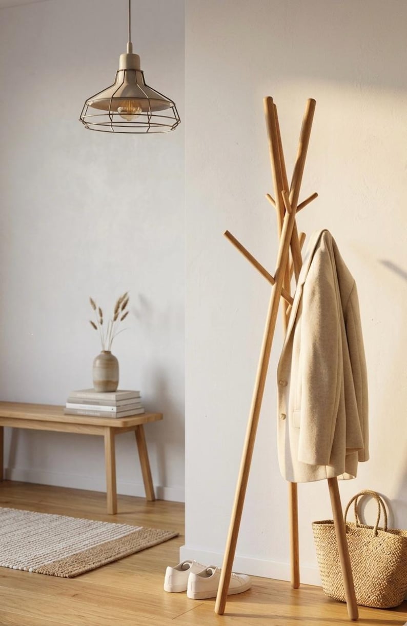 May include: A wooden coat rack with a beige jacket hanging on it. A woven basket and white sneakers sit on the floor. A bench with books and a vase with dried plants are also visible.