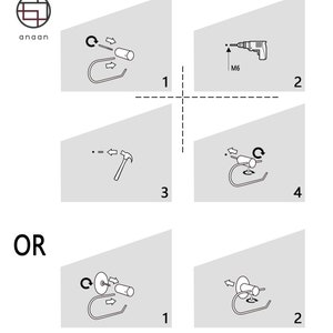 May include: A diagram showing two different ways to install a toilet paper holder. The first method uses a drill and screws, while the second method uses a hammer and nails. The diagram includes illustrations of the tools and steps involved in each method.