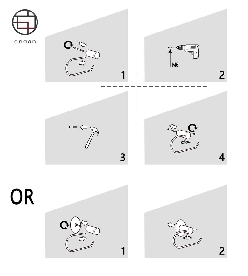 May include: A diagram showing two different ways to install a toilet paper holder. The first method uses a drill and screws, while the second method uses a hammer and nails. The diagram includes illustrations of the tools and steps involved in each method.