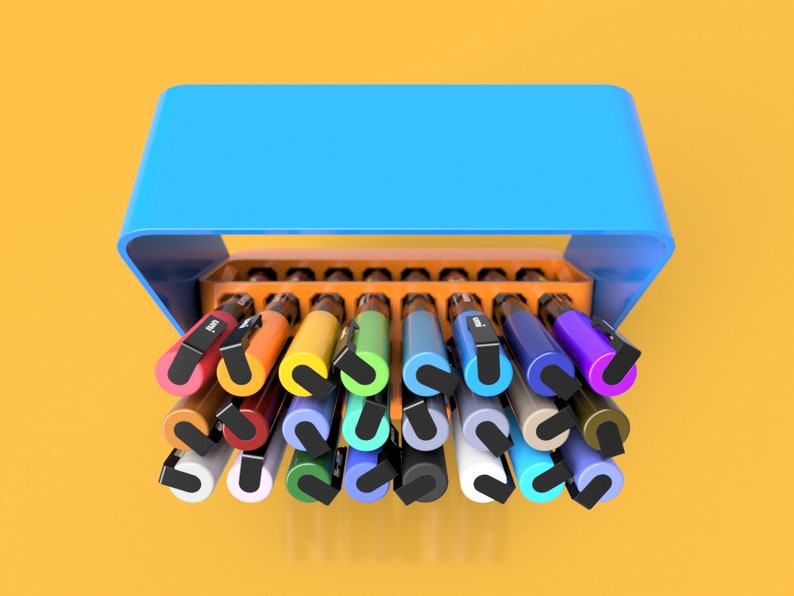 POSCA Paint marker holder case in orange and blue. Case is shown from the top looking down in open position at 45 degree angle holding 32 POSCA PC-3M Paint markers.
