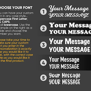 May include: A graphic with font style options for custom text. The text includes options for uppercase, lowercase, and mixed case. Examples of text styles are shown with the words "Your Message" in various fonts. The background is dark gray.
