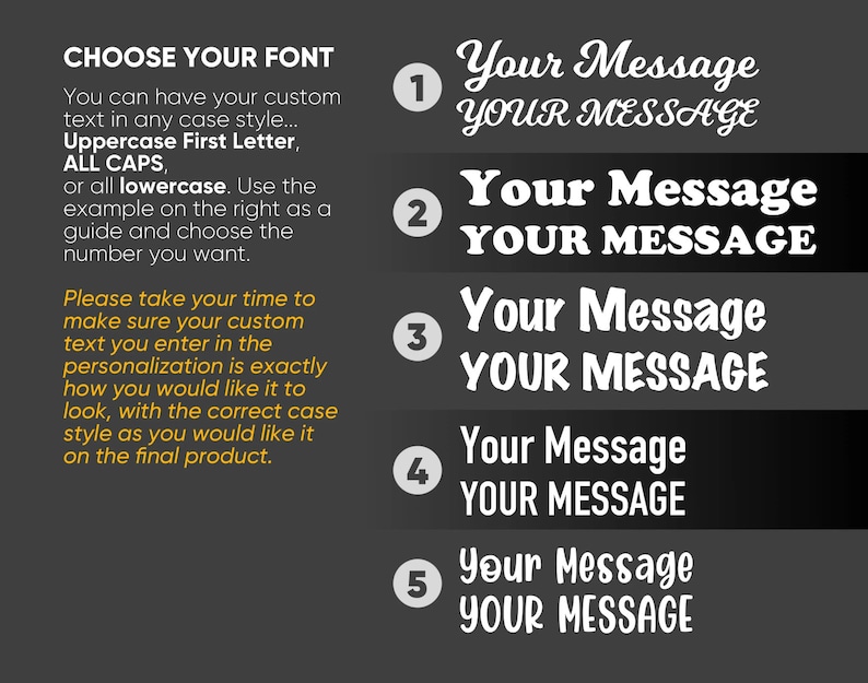May include: A graphic with font style options for custom text. The text includes options for uppercase, lowercase, and mixed case. Examples of text styles are shown with the words "Your Message" in various fonts. The background is dark gray.