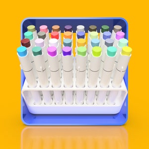 以下が含まれることがあります： 白い内側の青いプラスチック製の容器に、36本のカラフルなマーカーが入っています。マーカーは列に並べてあり、すべて同じサイズと形をしています。