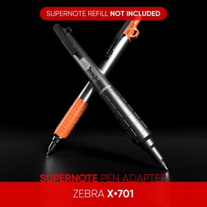 May include: Two pens are crossed against a black background. One pen is black with a silver barrel and the other is silver with an orange grip. The text "SUPERNOTE REFILL NOT INCLUDED" is at the top. The text "SUPERNOTE PEN ADAPTER" and "ZEBRA X-701" are at the bottom.