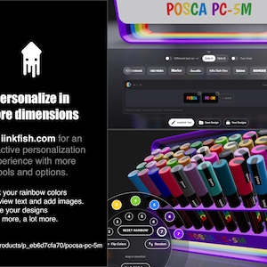 May include: A digital display showcasing a variety of colorful POSCA PC-5M markers in a purple display case. The text "Personalize in more dimensions" is displayed, along with website information. The image also shows a digital interface for customizing designs.