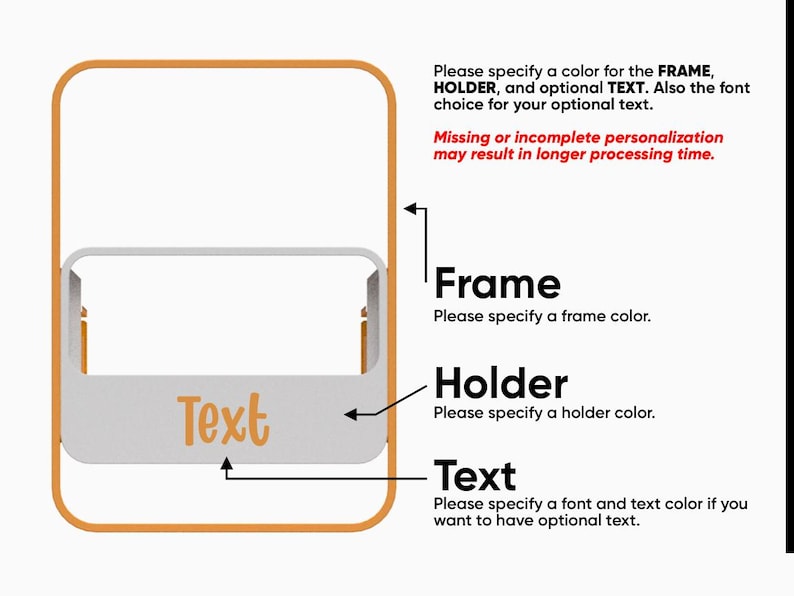 May include: Diagram showing the customizable parts of a frame, holder, and text. The frame is orange, the holder is white, and the text is "Text" in orange.