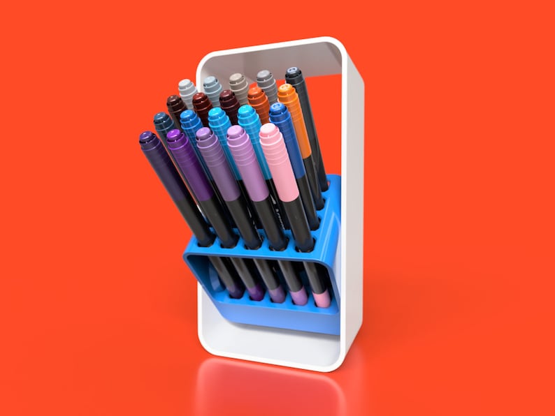 May include: A white and blue pen holder with a variety of coloured pens. The pens are arranged in a vertical row and are all different colours, including blue, green, purple, orange, and pink.