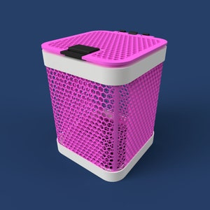 May include: A pink wire basket with a white rim and a black lid. The basket has a hexagonal mesh pattern.