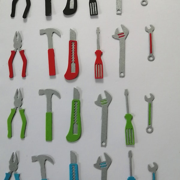 Stanzteile, Werkzeuge 6teilig Zange, Hammer, Schraubenzieher Messer Kartenschmuck, Scrapbooking, Farbwahl