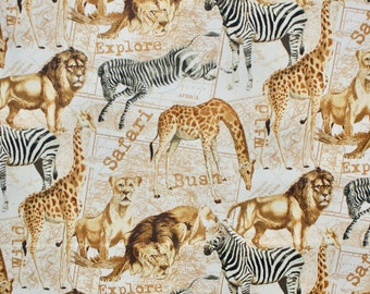 Coupe de tissu 0,8 m, tissu motif animal safari avec zèbre, girafes