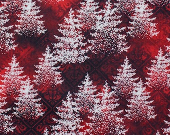 Tissu à motifs d'hiver 45 cm, sapins, rouge