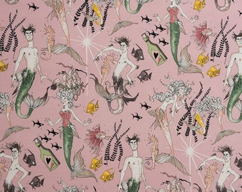 0.5 m fabric maritime, water women and men as motifs, basic tone pink