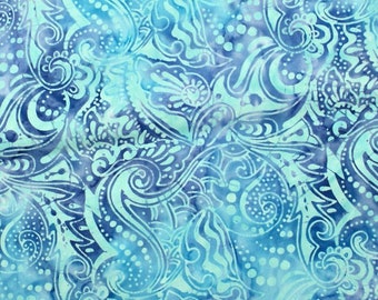 tissu BATIK turquoise/bleu, 50 cm, coton, ornements floraux